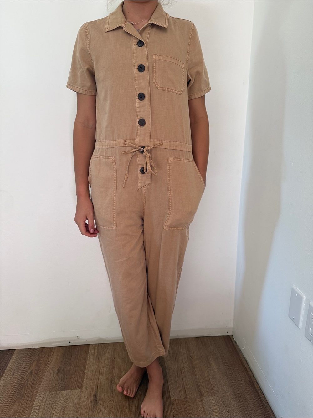 OAT XS Utility Short-Sleeve Jumpsuit in Tan